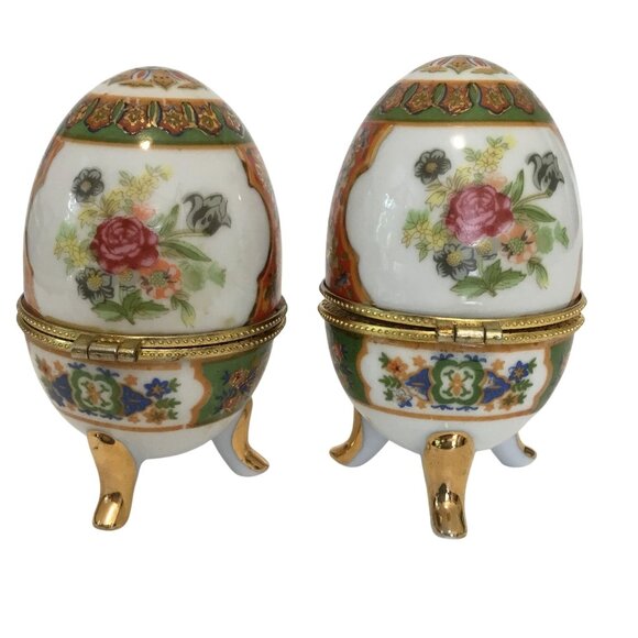 VTG Porcelain Egg Trinket Boxes Pair Floral Gilt Hinged Gold Tripod Stand 4" - Picture 3 of 10